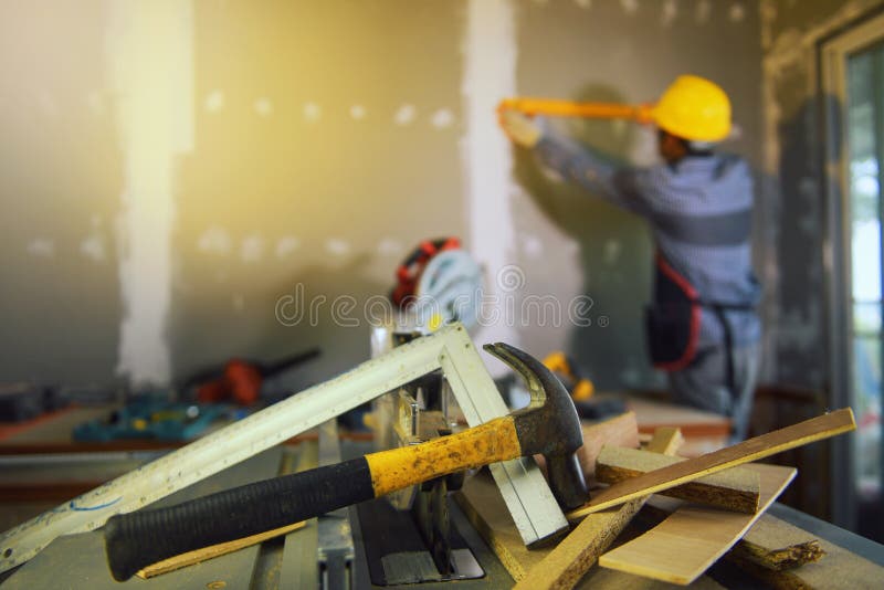 Desk of Engineer Contractor.engineering Tools on Desk Stock