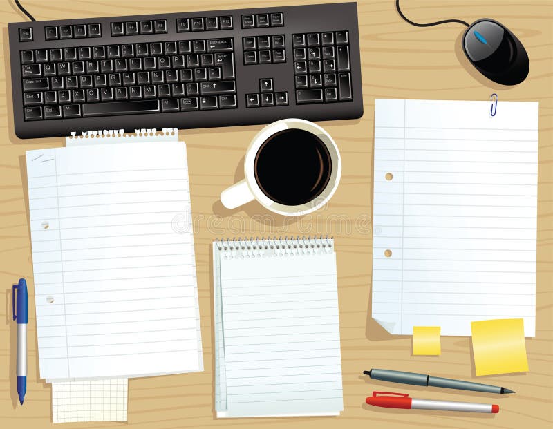 An overhead perspective illustration of a desk with various papers on it. Plenty of space for your own messages. E.P.S. 10 vector file included with image. An overhead perspective illustration of a desk with various papers on it. Plenty of space for your own messages. E.P.S. 10 vector file included with image.