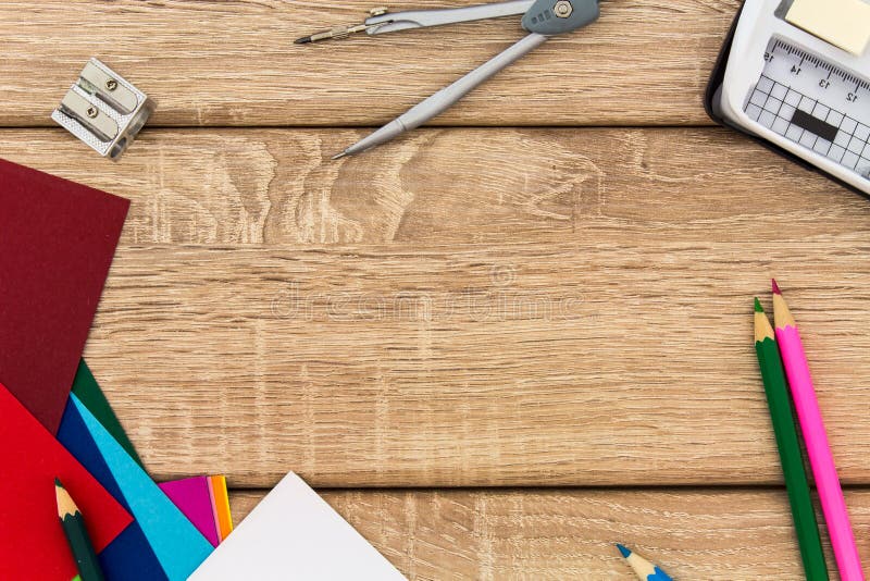 Desk with Sharpener, Compass, Construction Paper and Colored Pencils