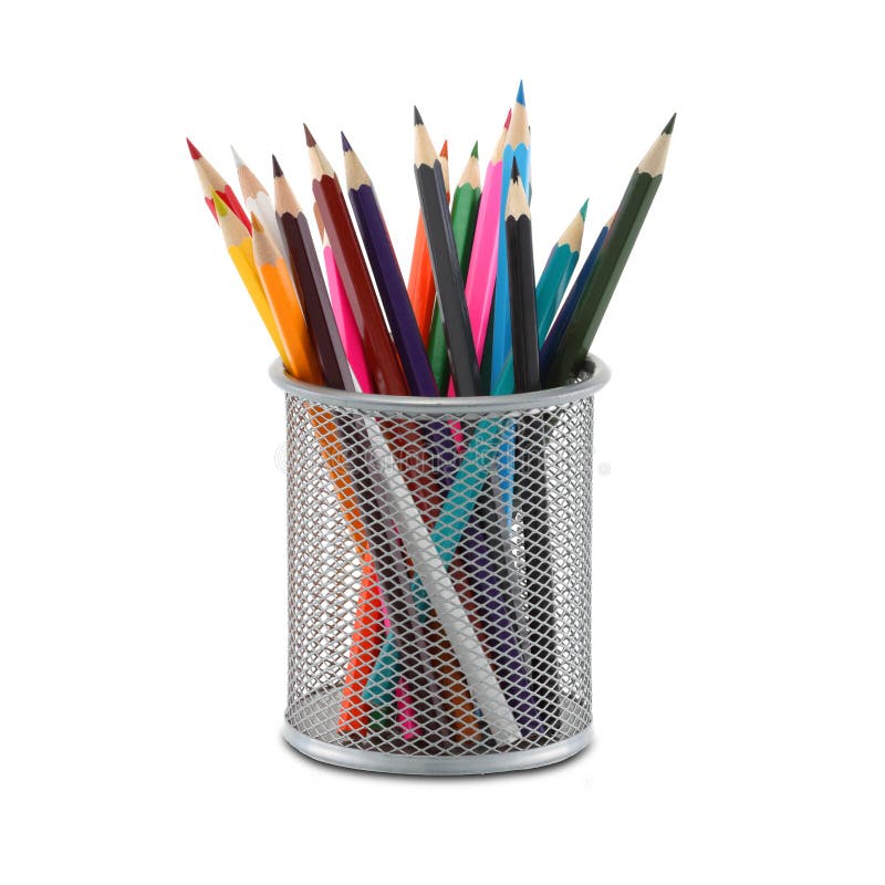 Desk Tidy with Colored Pencils on White Stock Image Image of paper