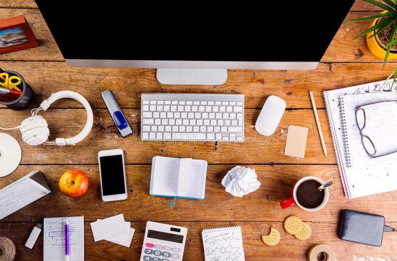 Desk With Various Gadgets And Office Supplies. Flat Lay