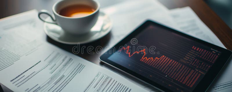 Desk workspace with iPad displaying stock market data next to coffee cup and documents royalty free stock photo