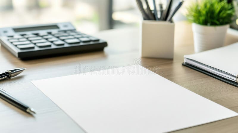 Desk workspace setup with stationery, calculator, and blank notepad for planning and organization stock images