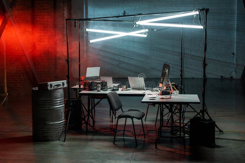 Desks, Laptops, Lamps and Chair in Office Stock Image Image of desk