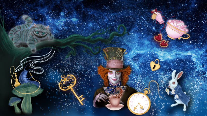 Desktop background for the fairy tale `Alice in Wonderland`. The figure shows a hatter, a rabbit, a caterpillar, a Cheshire cat.