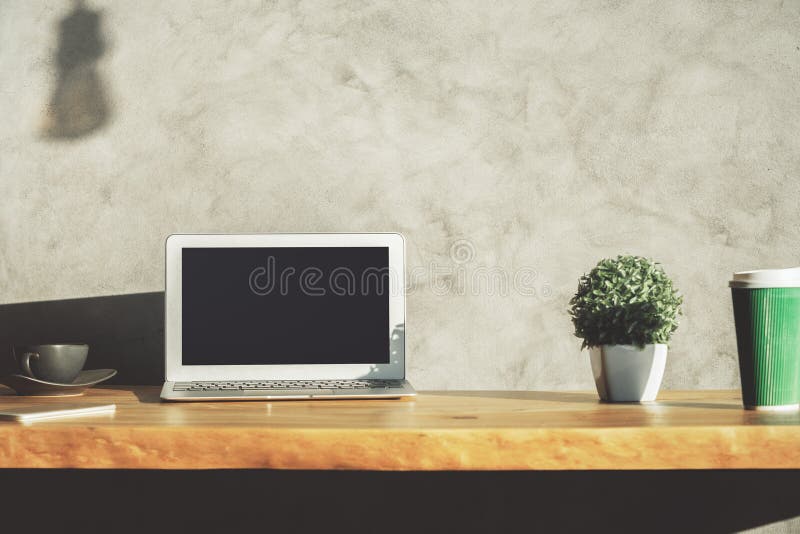 Desktop with blank laptop stock image. Image of concept 87697329
