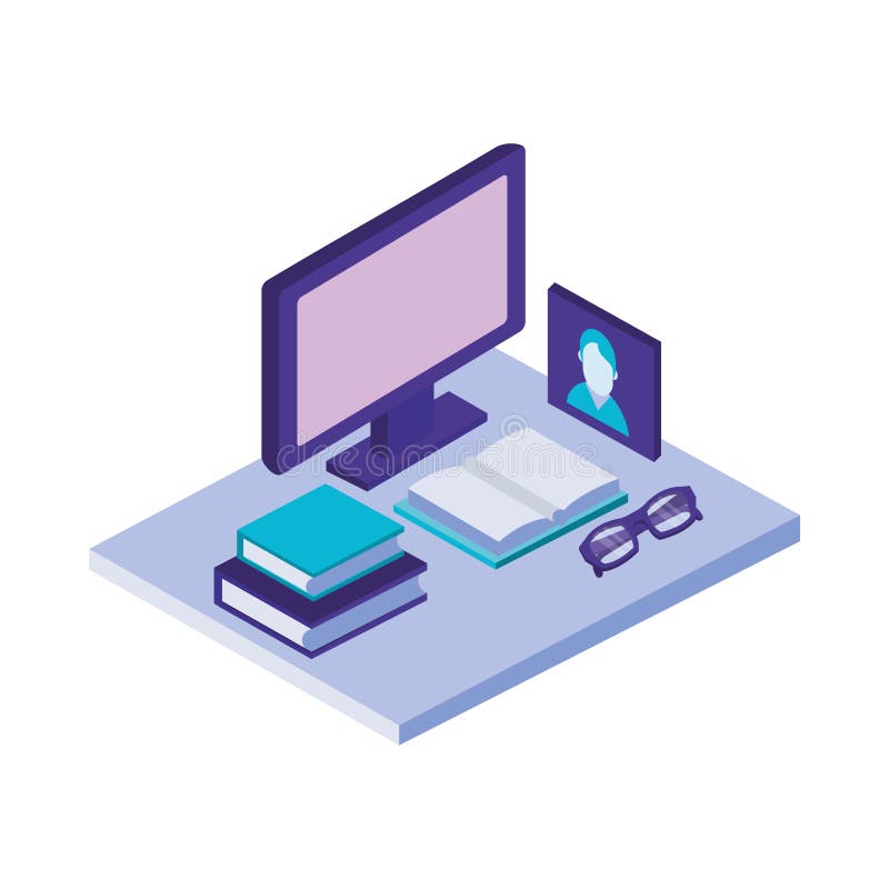 Desktop computer with books and eyeglasses stock illustration