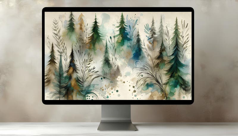 Computer desktop care afișează arta forestieră acustică cu elemente naturale într-un spațiu de lucru modern și minimalist stock illustration