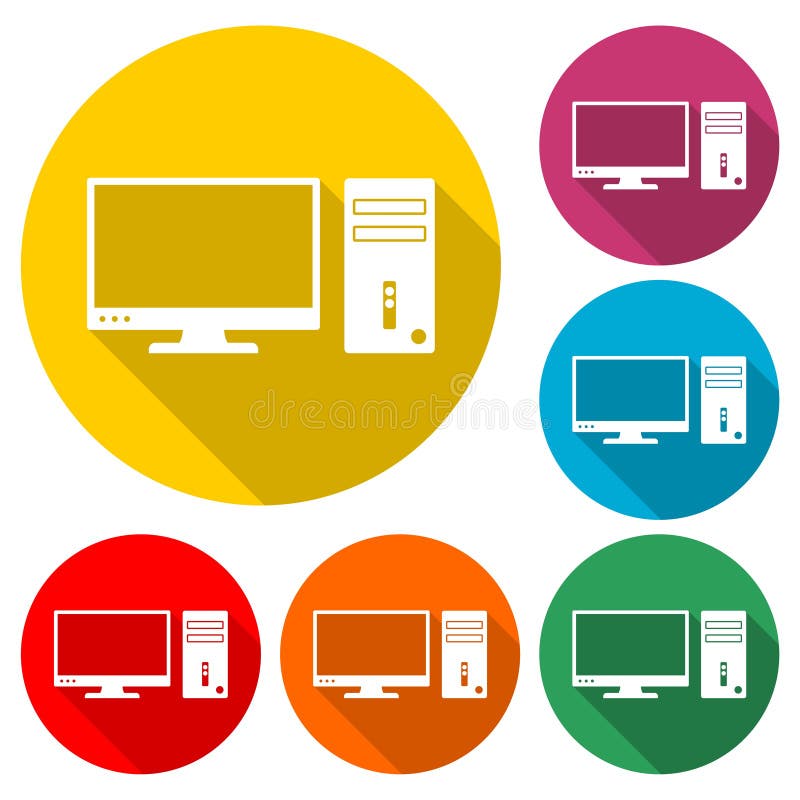 Desktop computer icon or logo, Home desktop computer personal, color set with long shadow vector illustration