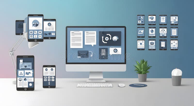 Desktop Computer with Mobile Devices and Business Graphics Displayed, Office Decor vector illustration