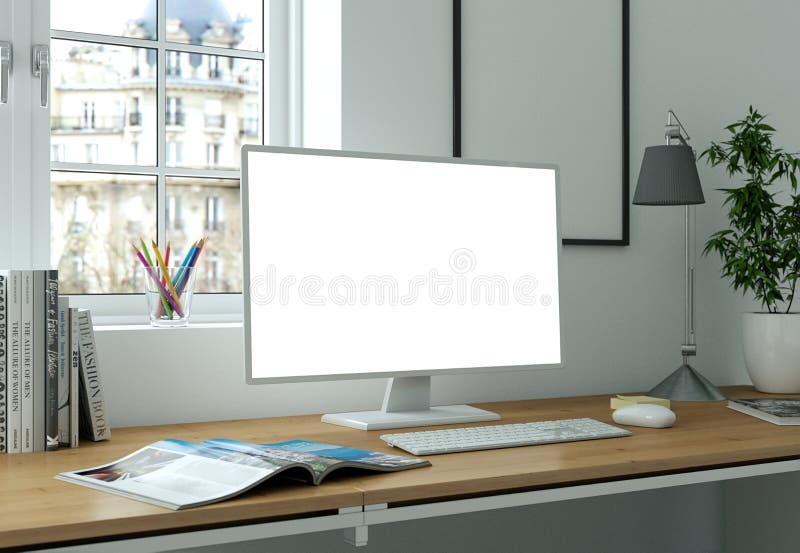 Desktop Computer Mock-up with white Screen Stands on the Office Desk stock illustration