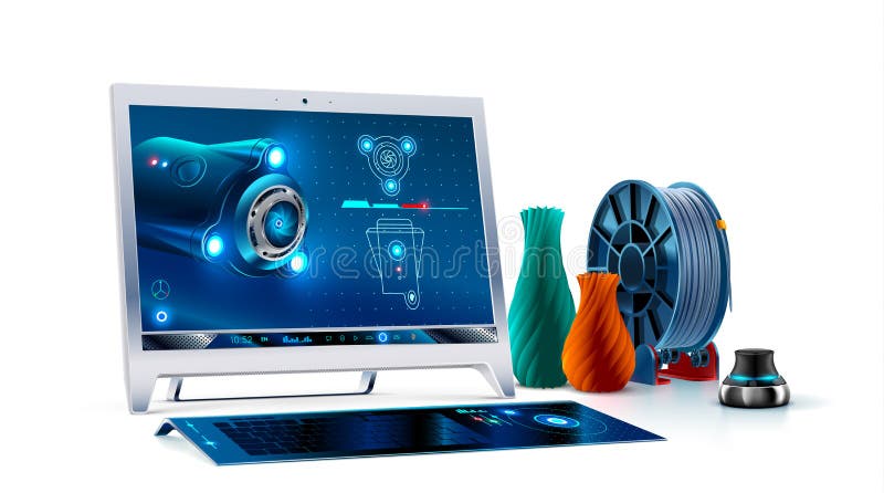 Desktop computer monitor with keyboard and 3d navigator. 3d cad software on screen monoblock. 3d modeling for print on 3d printing royalty free illustration Desktop computer monitor with keyboard and 3d navigator. 3d cad software on screen monoblock. 3d modeling for print on 3d printing royalty free illustration