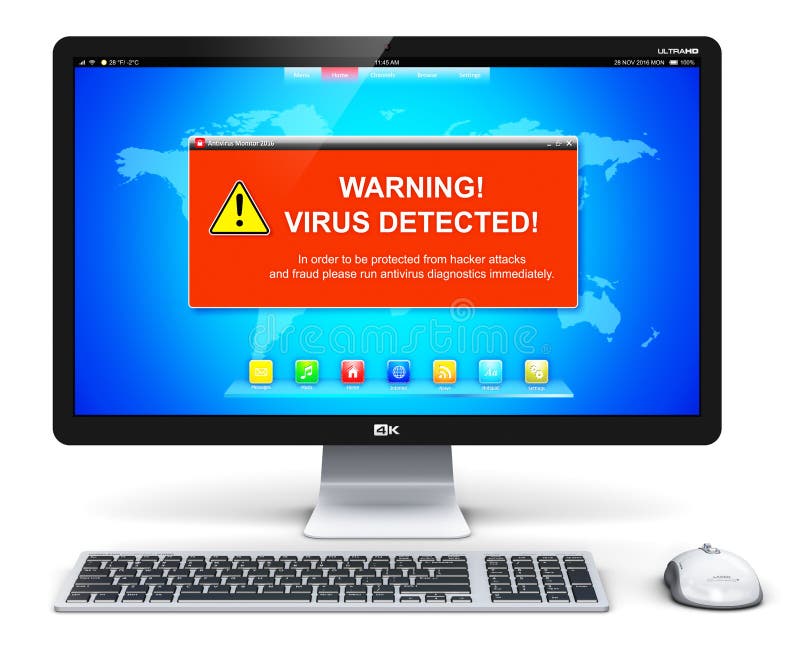Desktop computer PC with virus attack warning message on screen royalty free illustration