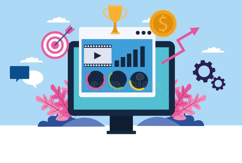 Desktop computer with set business icons royalty free illustration
