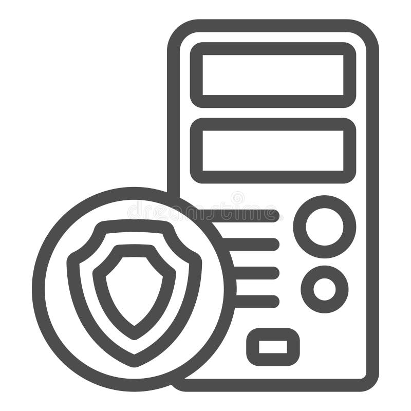Desktop computer with shield line icon, data protection concept. Vector graphics. System unit box sign on white royalty free illustration