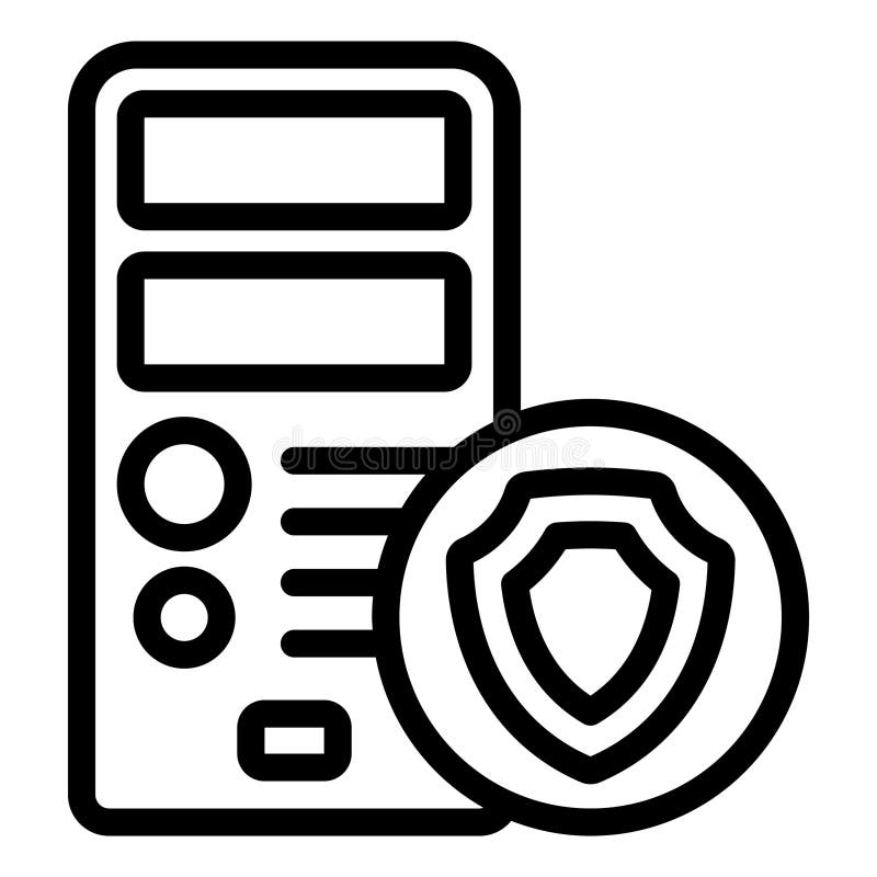 Desktop computer with shield line icon, data protection concept. Vector graphics. System unit box sign on white royalty free illustration
