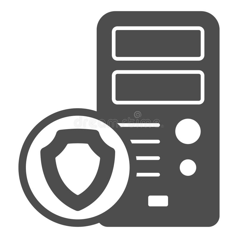 Desktop computer with shield solid icon, data protection concept. Vector graphics. System unit box sign on white vector illustration