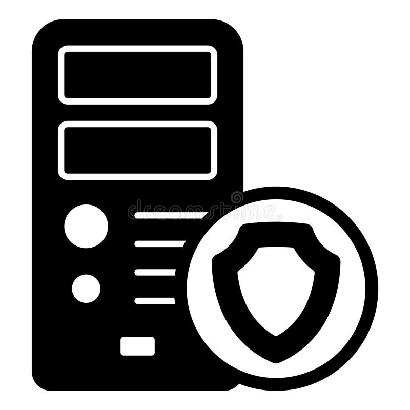 Desktop computer with shield solid icon, data protection concept. Vector graphics. System unit box sign on white background, style mobile or design
