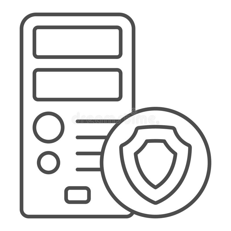 Desktop computer with shield thin line icon, data protection concept. Vector graphics. System unit box sign on white vector illustration