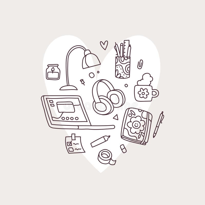 Desktop Doodle Set . Hand Drawn Color Cartoon Elements. Vector