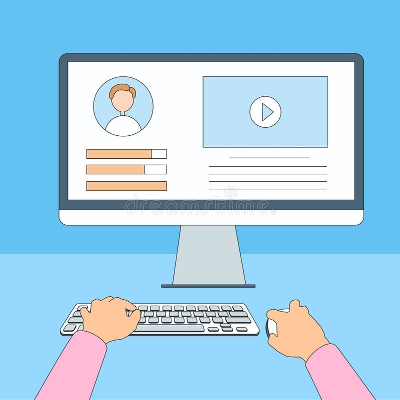 Desktop Hands Type Working Using Computer Thin Line vector illustration