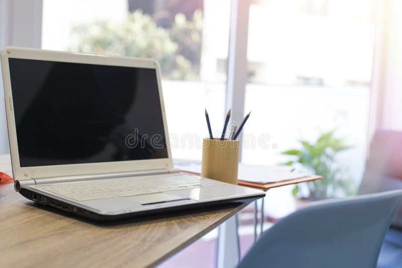 Desktop with laptop stock photo. Image of notebook, office 157216864