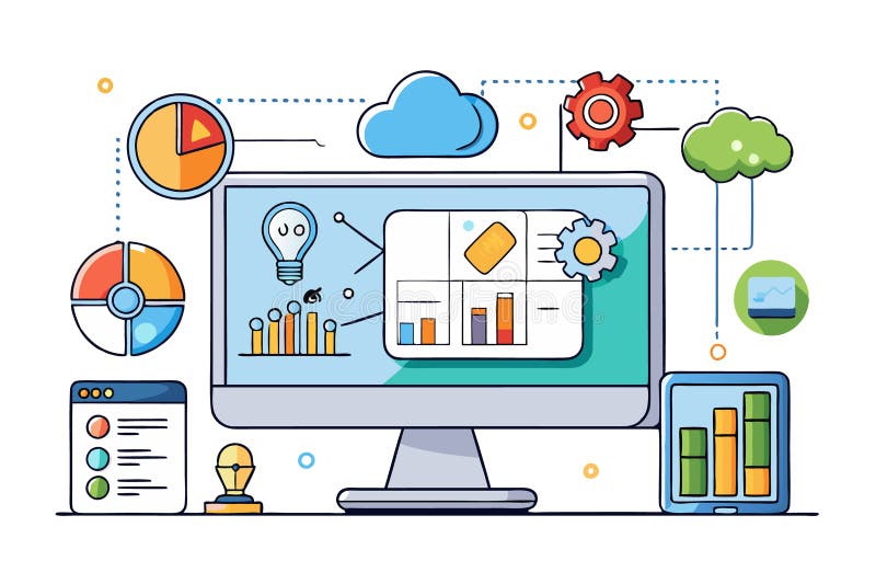 Desktop monitor with colorful charts and visual data, representing business intelligence, data driven decision making, and tech stock illustration