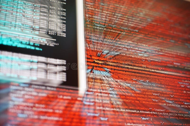 Desktop PC monitor photo. Javascript functions, variables, objects. Project managers work new idea. Future technology creation royalty free illustration