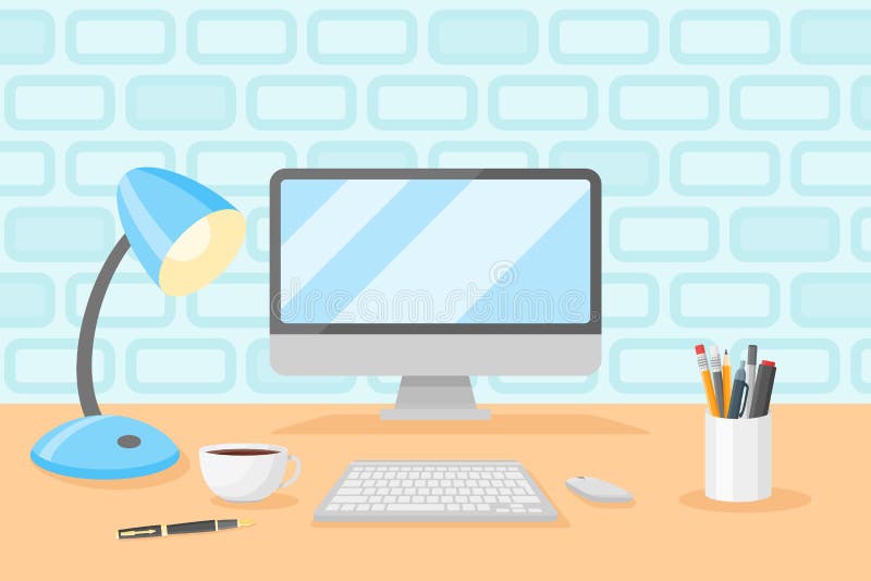 Desktop with personal computer, table lamp, cup of coffee, pencils and pens vector illustration