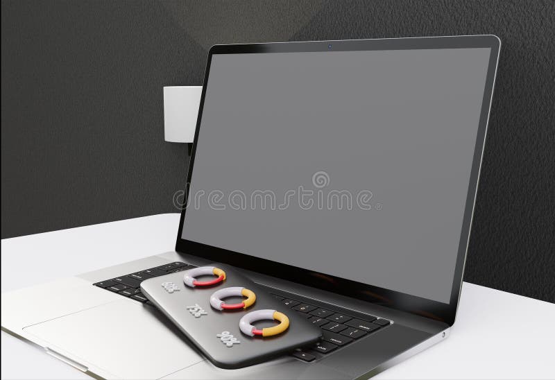 Desktop portatile 3d illustrazione sito web di analisi dei dati seo algoritmo ai ui ux programmazione di uno sfondo nero elegante illustrazione di stock