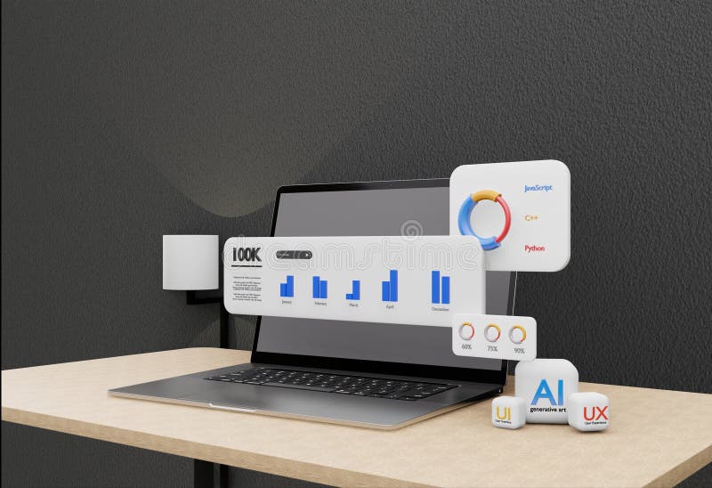 Desktop portatile 3d illustrazione sito web di analisi dei dati seo algoritmo ai ui ux programmazione di uno sfondo nero elegante illustrazione di stock