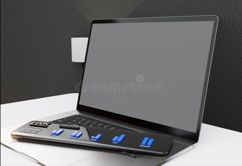 Desktop portatile 3d illustrazione sito web di analisi dei dati seo algoritmo ai ui ux programmazione di uno sfondo nero elegante illustrazione di stock
