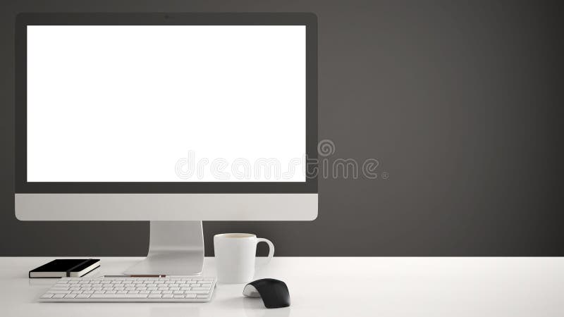 Desktopmodel, malplaatje, computer op het werkbureau met het lege scherm, toetsenbordmuis en blocnote met grijze pennen en potlod