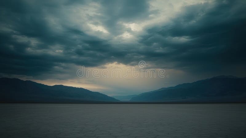 A desolate landscape with a vast, cracked lake and towering mountains under a stormy sky. royalty free stock image