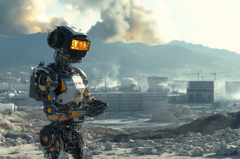In a desolate nuclear blast zone, a futuristic robot meticulously scans the area for survivors amidst the backdrop of stock photos