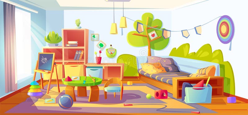 Desorden en la sala de niños desordenado interior del dormitorio infantil