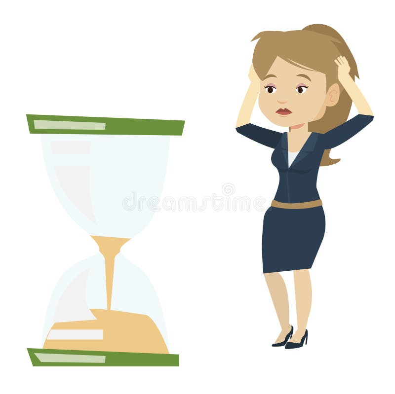 Desperacka biznesowa kobieta patrzeje hourglass ilustracji Desperacka biznesowa kobieta patrzeje hourglass ilustracji