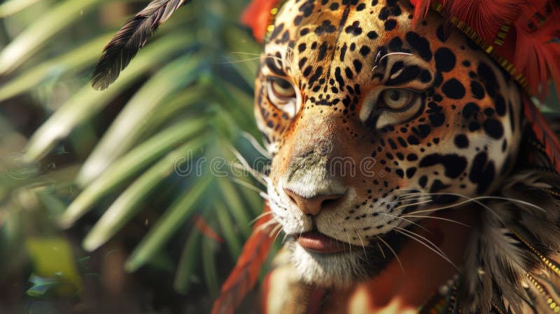 Despite the intimidating sight of an Aztec Jaguar warrior his expression shows a calm confidence in his abilities royalty free stock image