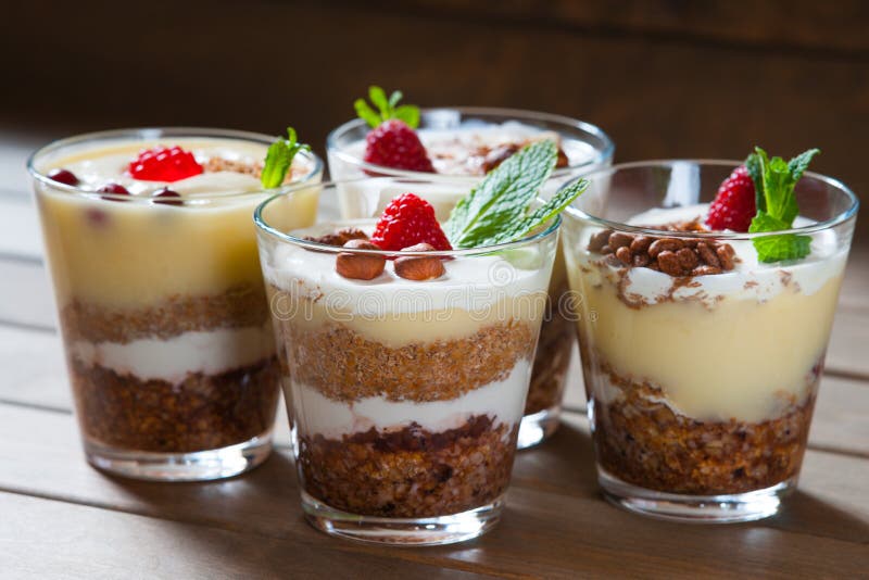 Dessert with Berries, Jelly, Cream, Nuts and Mint Leaf on a Cutting