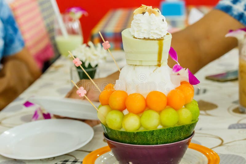 Dessert, Cantaloupe Melon Ice Cream or Bingsu. Stock Photo Image of