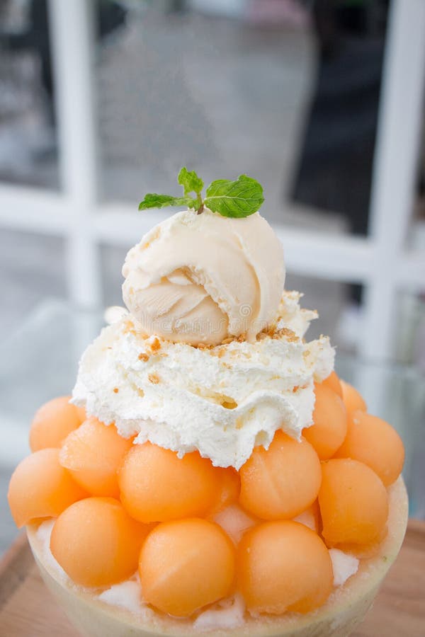 Dessert, Cantaloupe Melon Ice Cream or Bingsu. Stock Image Image of