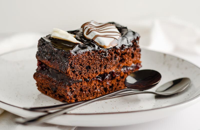 Dessert concept. Sweet slice of chocolate cake on white background