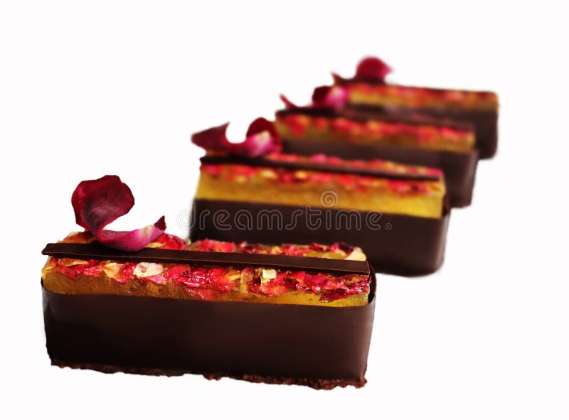 Dessert de chocolat à la gelée de citron avec pétales de rose séchée et bordure de chocolat image stock Dessert de chocolat à la gelée de citron avec pétales de rose séchée et bordure de chocolat image stock