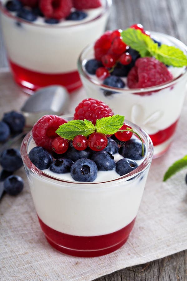 Dessert del yogurt con gelatina e le bacche fresche immagine stock libera da diritti Dessert del yogurt con gelatina e le bacche fresche immagine stock libera da diritti