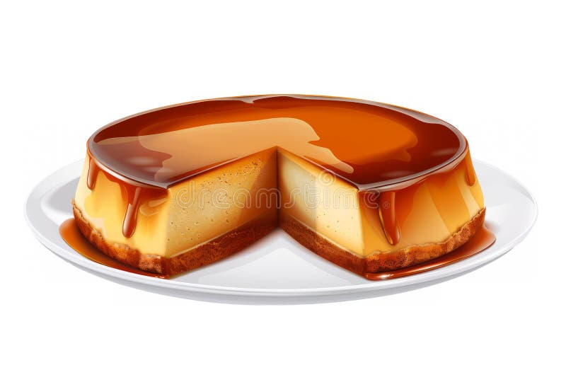 Dessert di lino spagnolo presentato su un piatto bianco con una fetta tagliata per presentare la crema e il caramello immagini stock