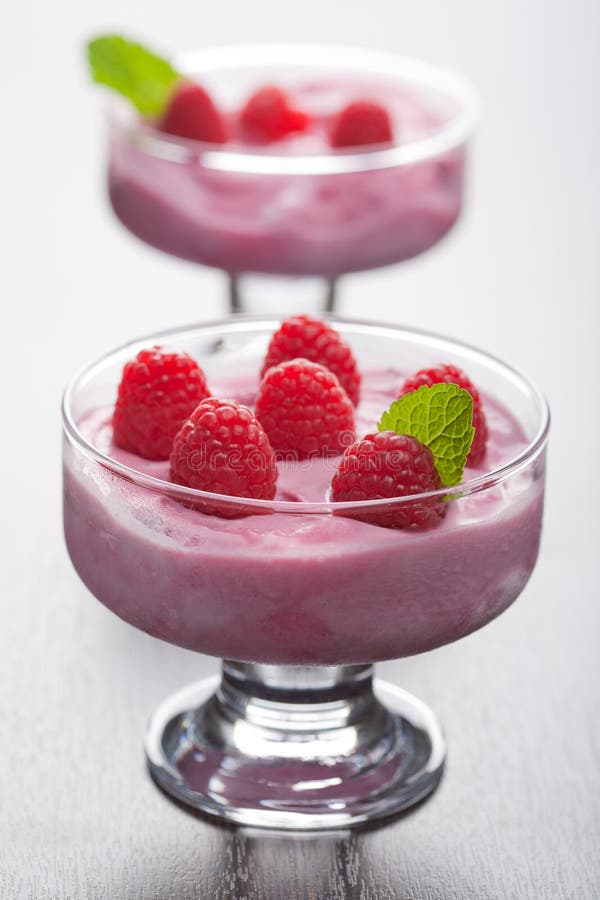 Dessert with fresh raspberries