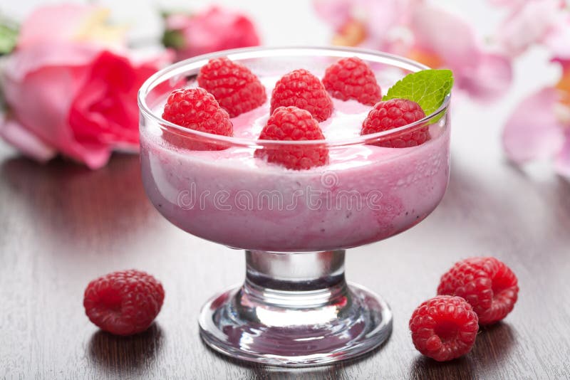 Dessert with fresh raspberries