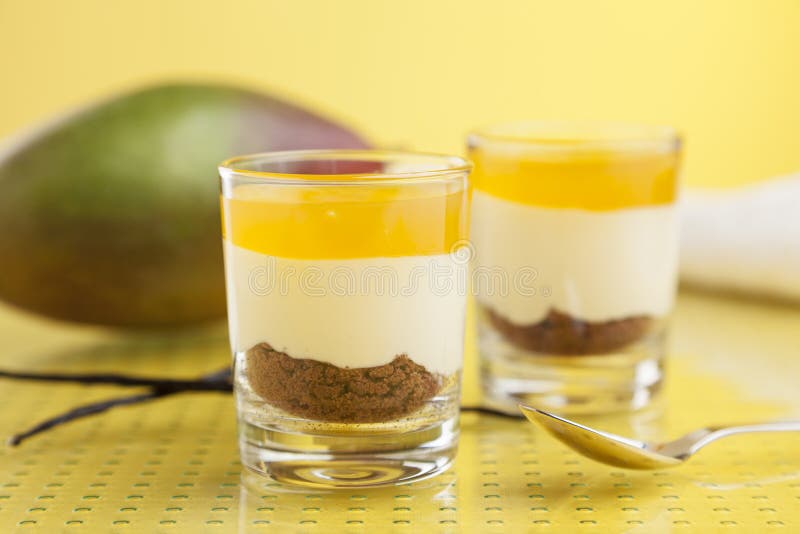 Dessert with Mango Topping, Cream and Cake in Glasses Stock Image