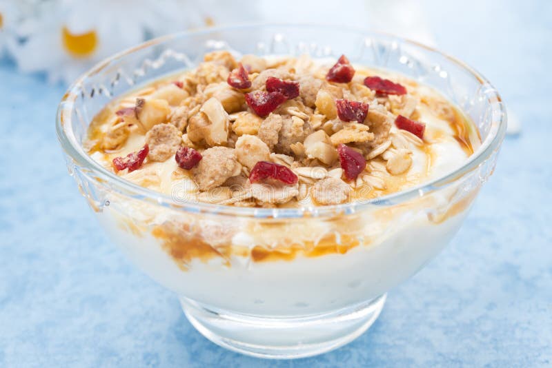Dessert of Natural Yogurt with Maple Syrup, Granola and Nuts Stock