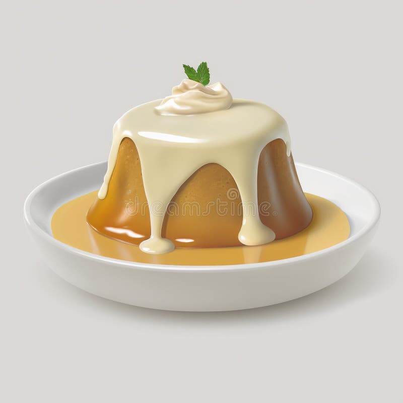 Dessert pudding with dulce de leche syrup on white plate. 3D Realistic organic illustration. On white background. Generative AI